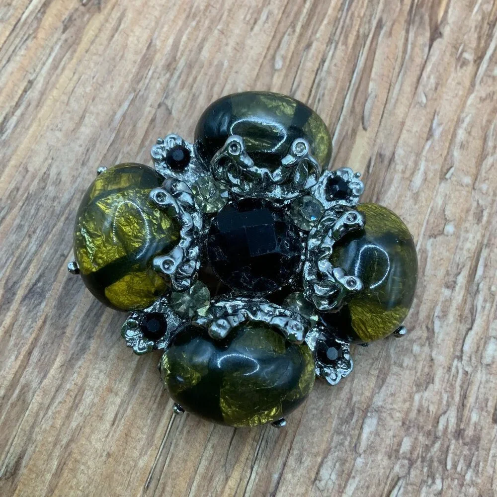 Dark Green Lucite Cabochons Vintage Silver Tone Black Rhinestone Center Brooch
